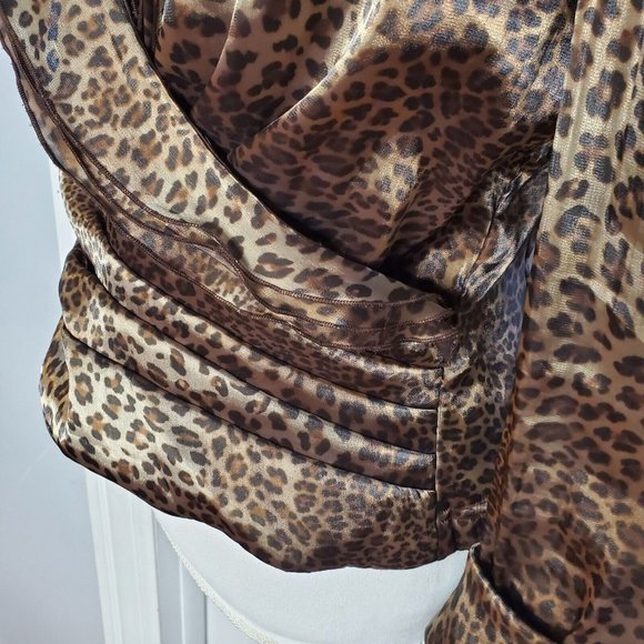 Vintage 90s Leopard Print Satin Faux Wrap Blouse Long Sleeve Leopard Print Sz M - Picture 3 of 12
